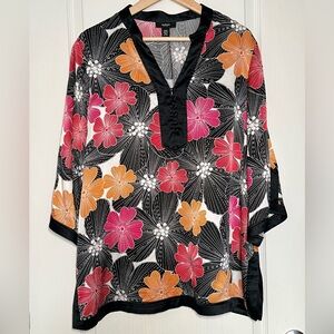 Alfani 100% Silk Floral Kimono Tunic Blouse Sz 16W Dopamine Artsy Boho